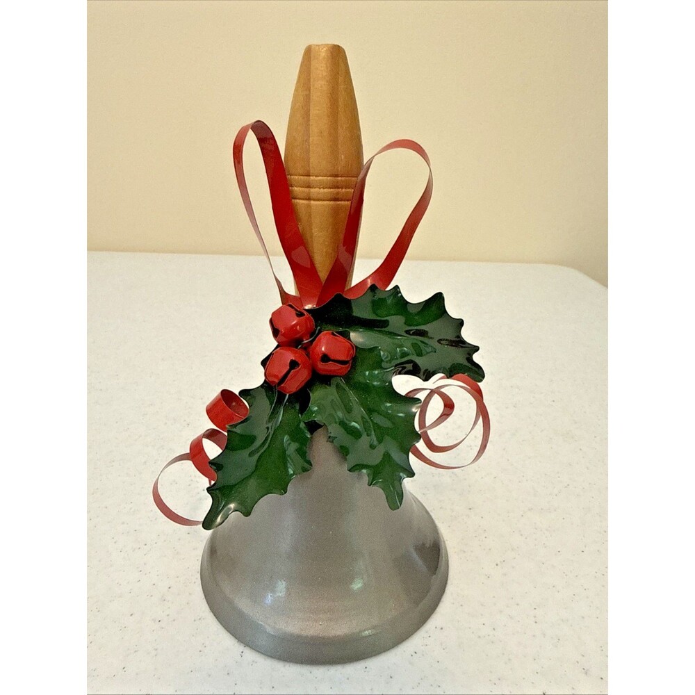 Dept 56 Bell / Ribbon & Holly VTG Christmas Dinner Bell 7”x 4” Silver